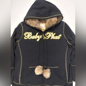 Vintage 90's BABY PHAT Black & Gold Faux Fur-lined Zip-up Hoodie Logo Jacket 1X